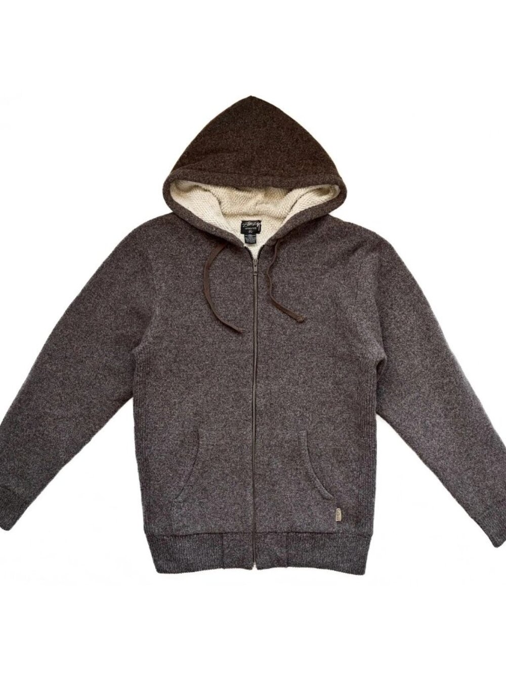 Stussy Basic Lambswool Knit Zip Up Hoodie Jacket XL Brown Sherpa Chunky Sweater